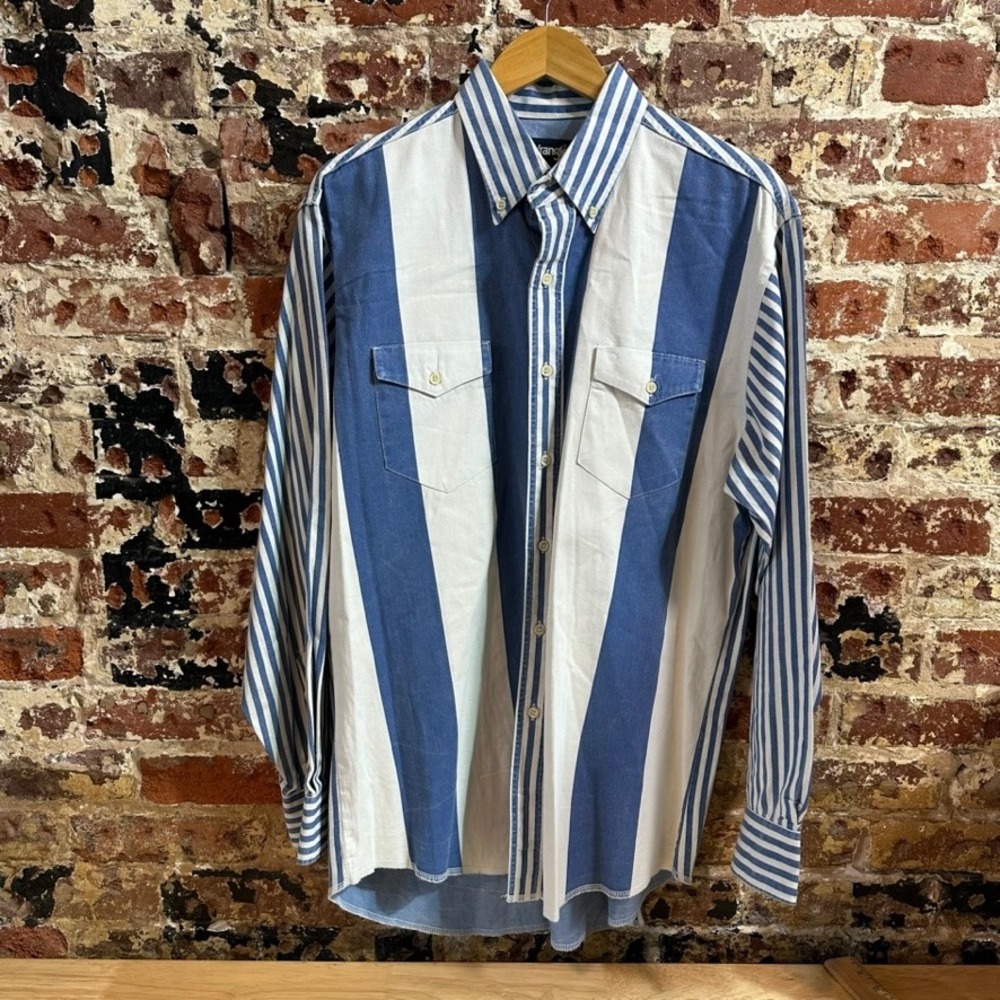 VTG Wrangler Western Cowboy Shirt Button Up Long Sleeve Blue Striped Mens 16.5 L